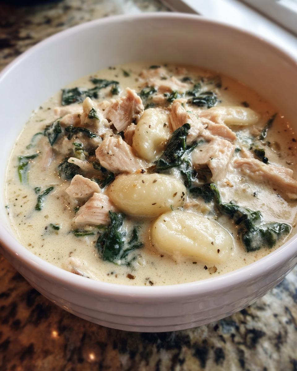 Close-up of a white bowl filled with creamy gnocchi soup containing chicken pieces and wilted spinach.