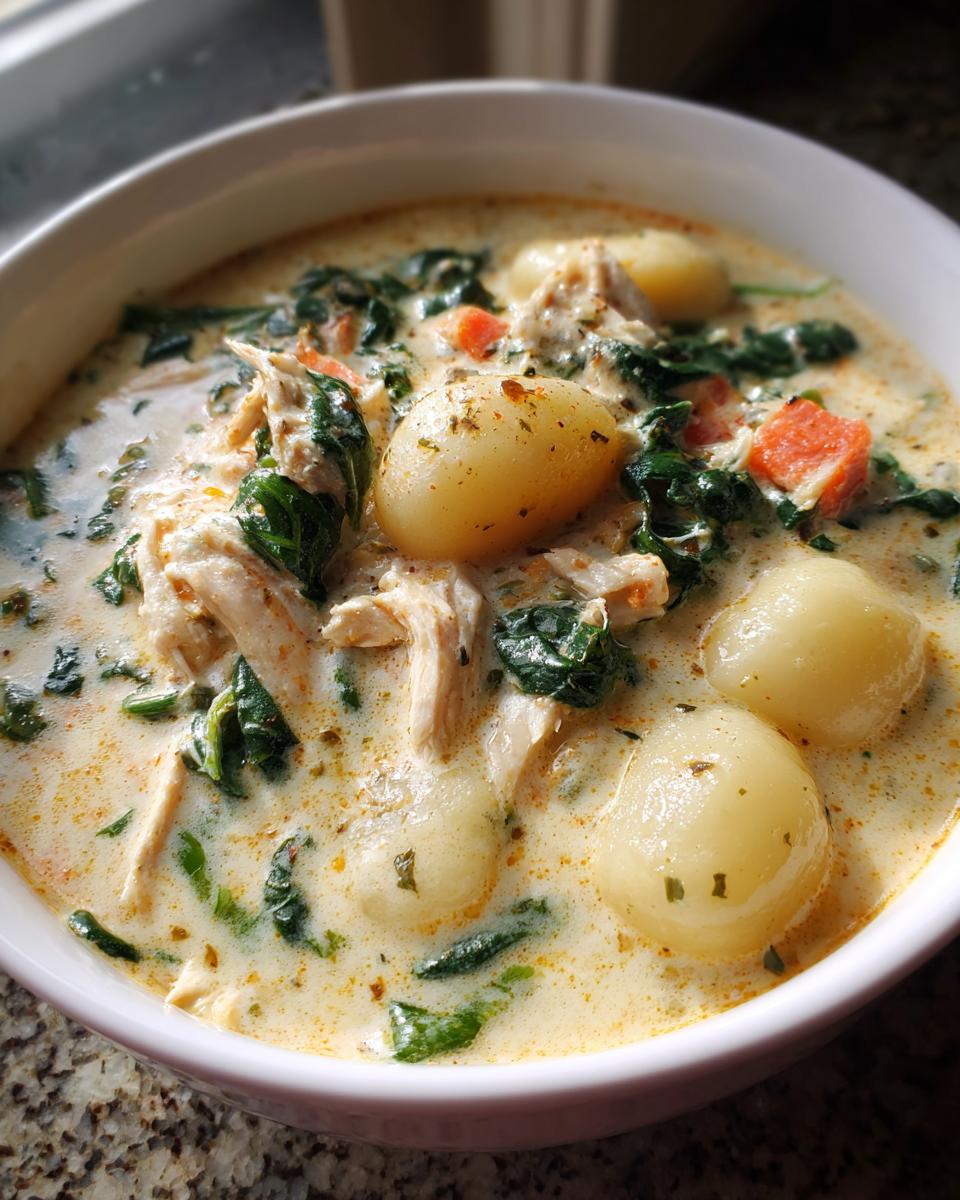 Close-up of a hearty bowl of creamy gnocchi soup featuring shredded chicken, spinach, and carrots.