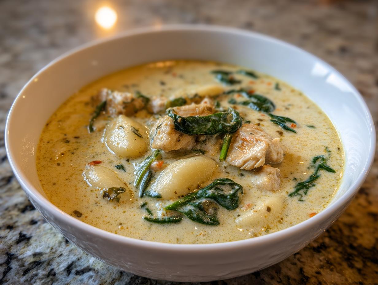Close-up of a white bowl filled with creamy gnocchi soup featuring chicken pieces and wilted spinach.