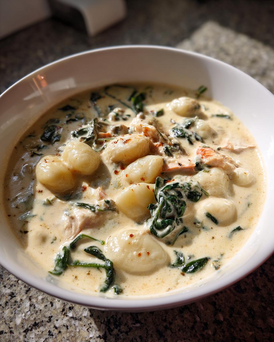A close-up of a bowl of creamy gnocchi soup featuring soft gnocchi, wilted spinach, and pieces of chicken.