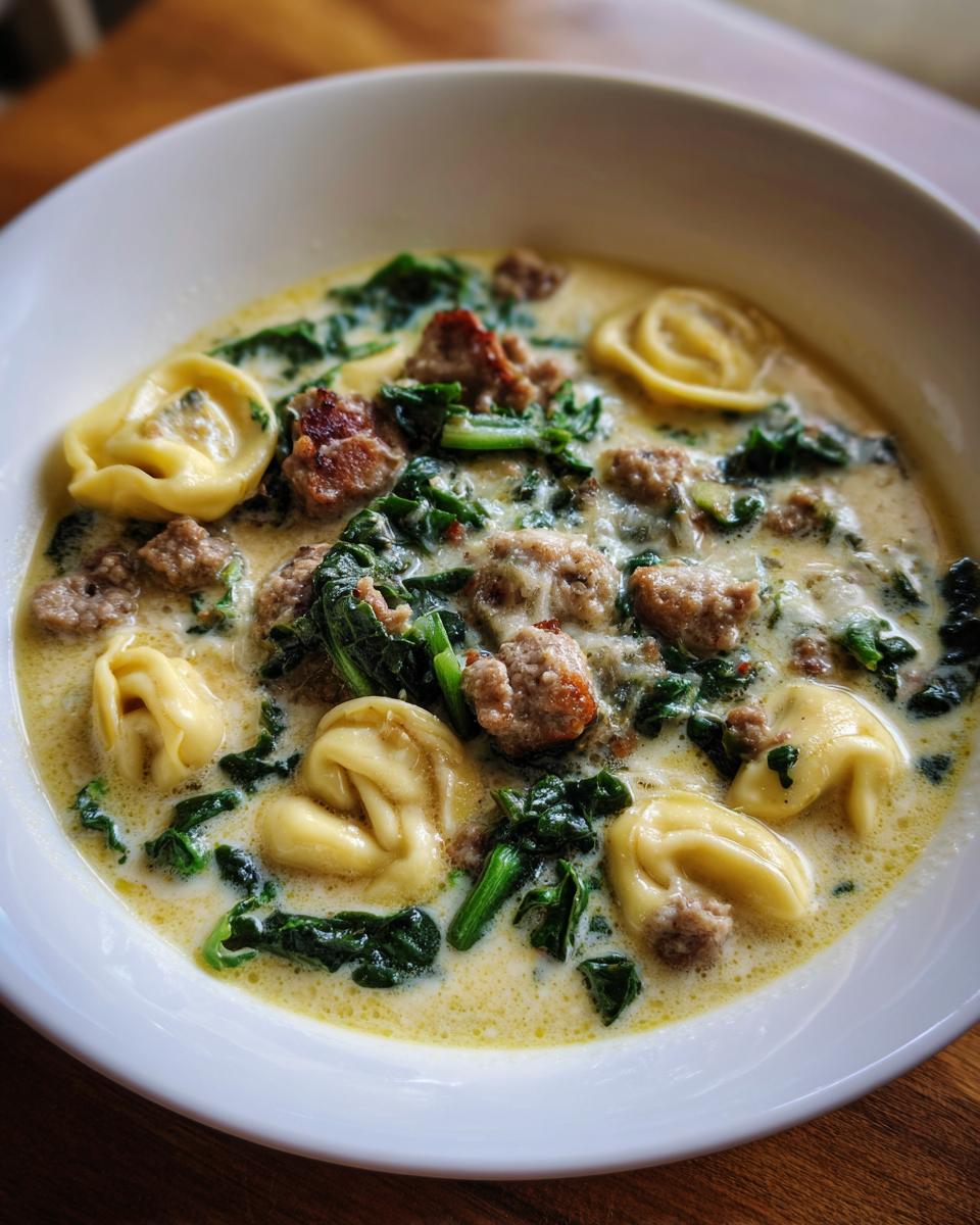 Close-up of a bowl of creamy italian sausage soup featuring tortellini, crumbled sausage, and wilted spinach.