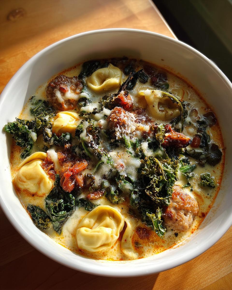 A close-up of a bowl of creamy italian sausage soup featuring tortellini, kale, and melted cheese.