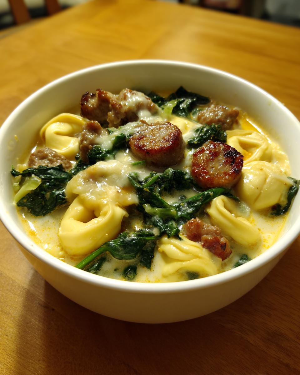 A close-up of a bowl of creamy italian sausage soup featuring tortellini, browned sausage slices, and wilted spinach.