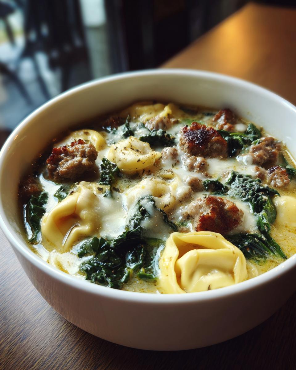 Close-up of a bowl of creamy italian sausage soup featuring tortellini pasta and dark green kale.