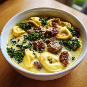 Close-up of a bowl of creamy italian sausage soup filled with tortellini, crumbled sausage, and green kale.