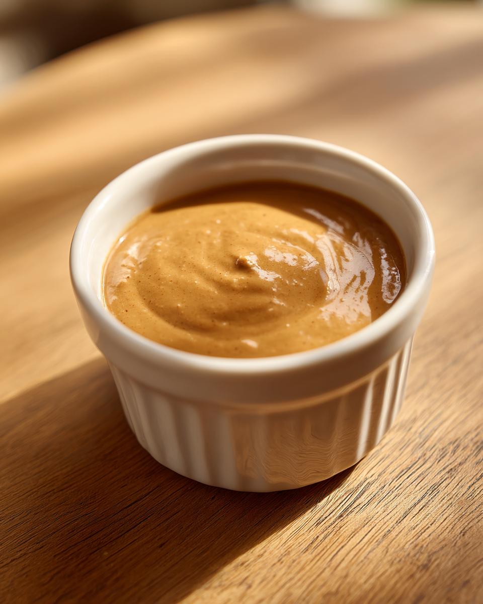 Close-up of rich, creamy peanut sauce served in a small white fluted ramekin on a wooden surface.