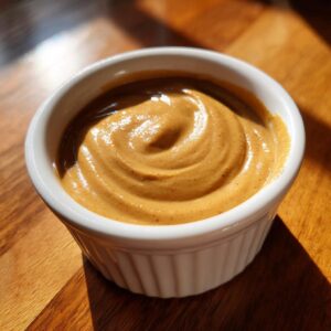 A close-up of thick, creamy peanut sauce swirled in a small white ramekin, sitting on a wooden surface.