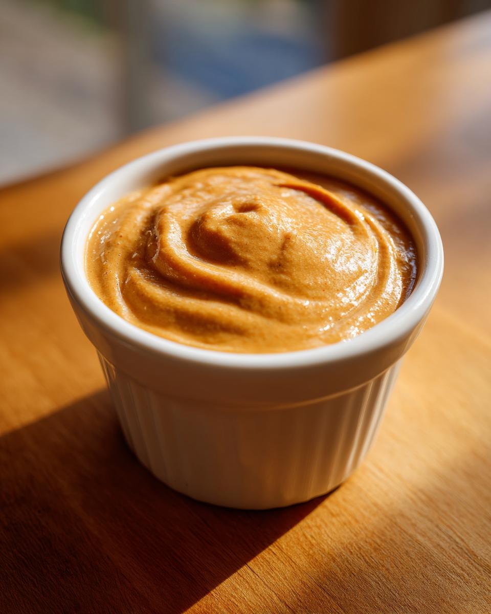 A close-up of thick, creamy peanut sauce swirled in a small white ramekin, sitting on a wooden surface.