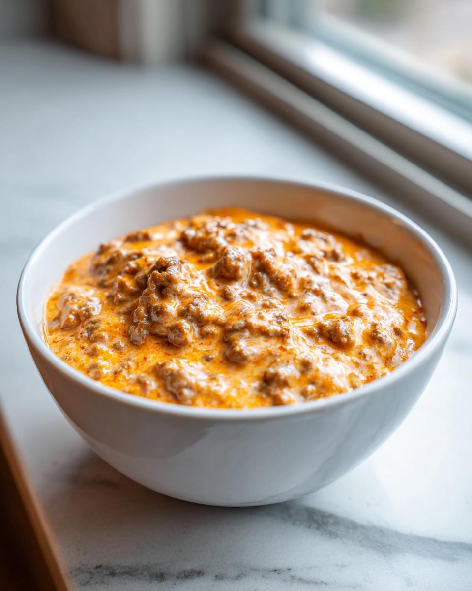 Close-up of a white bowl filled with hot, cheesy rotel dip featuring ground meat.