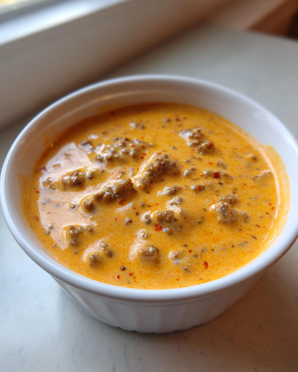 Close-up of a small white bowl filled with hot, creamy rotel dip featuring ground beef and visible red pepper flakes.
