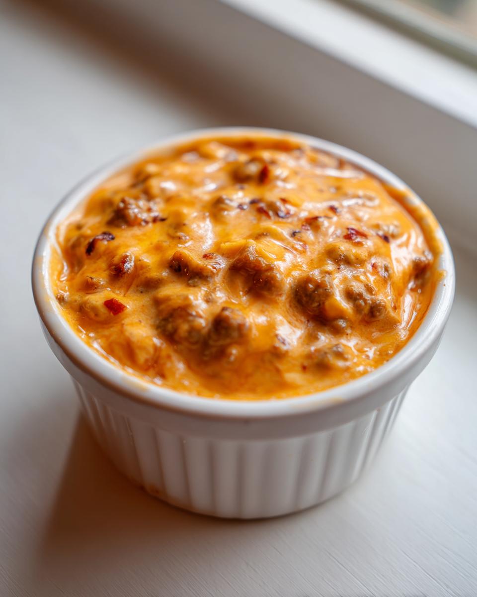 Close-up of a small white ramekin filled with hot, cheesy rotel dip featuring ground meat and visible red pepper flakes.