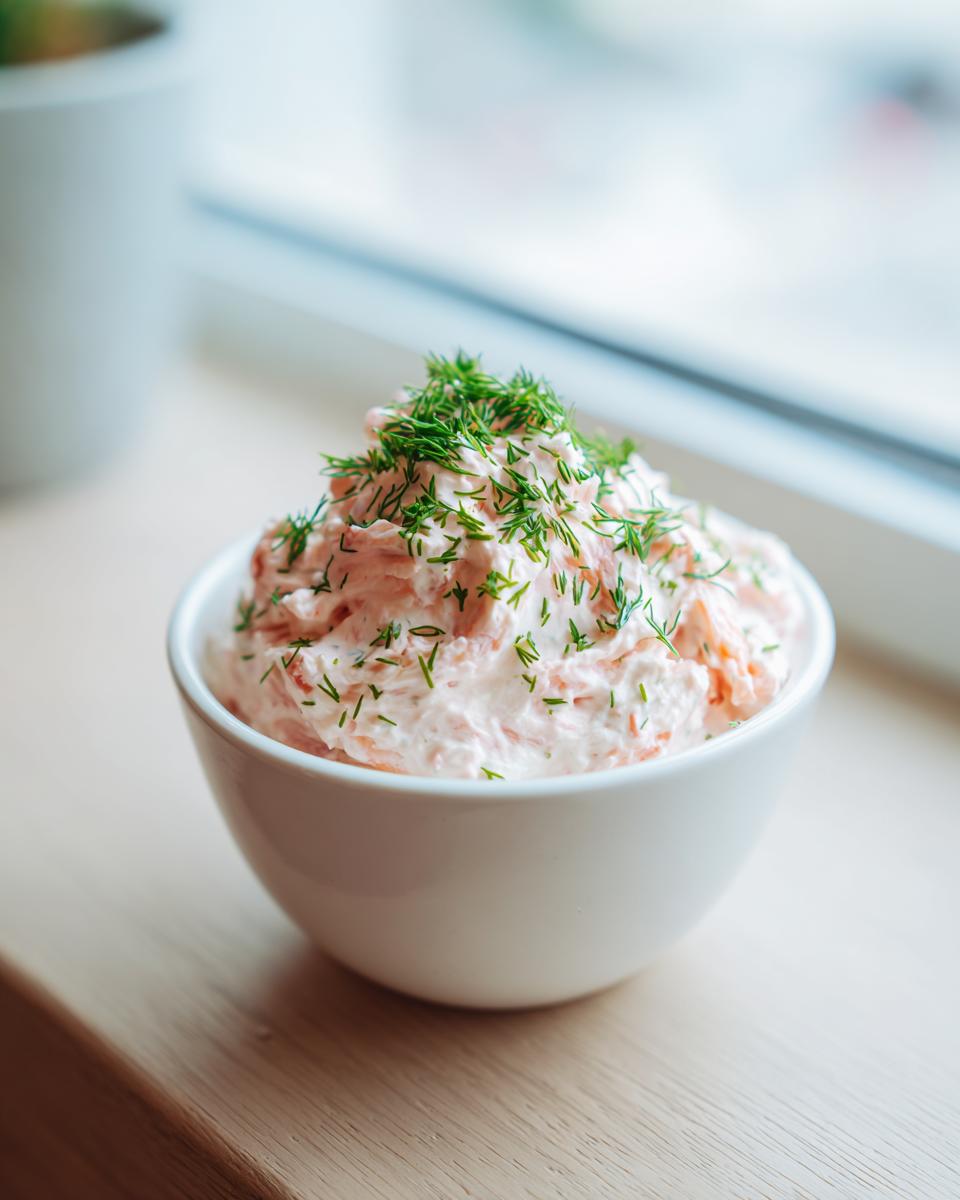 A white bowl filled with creamy pink salmon dip, generously topped with fresh green dill.