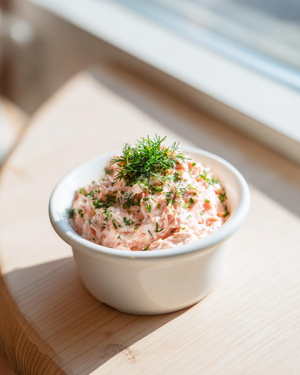 A small white bowl filled with creamy salmon dip, topped generously with fresh dill.