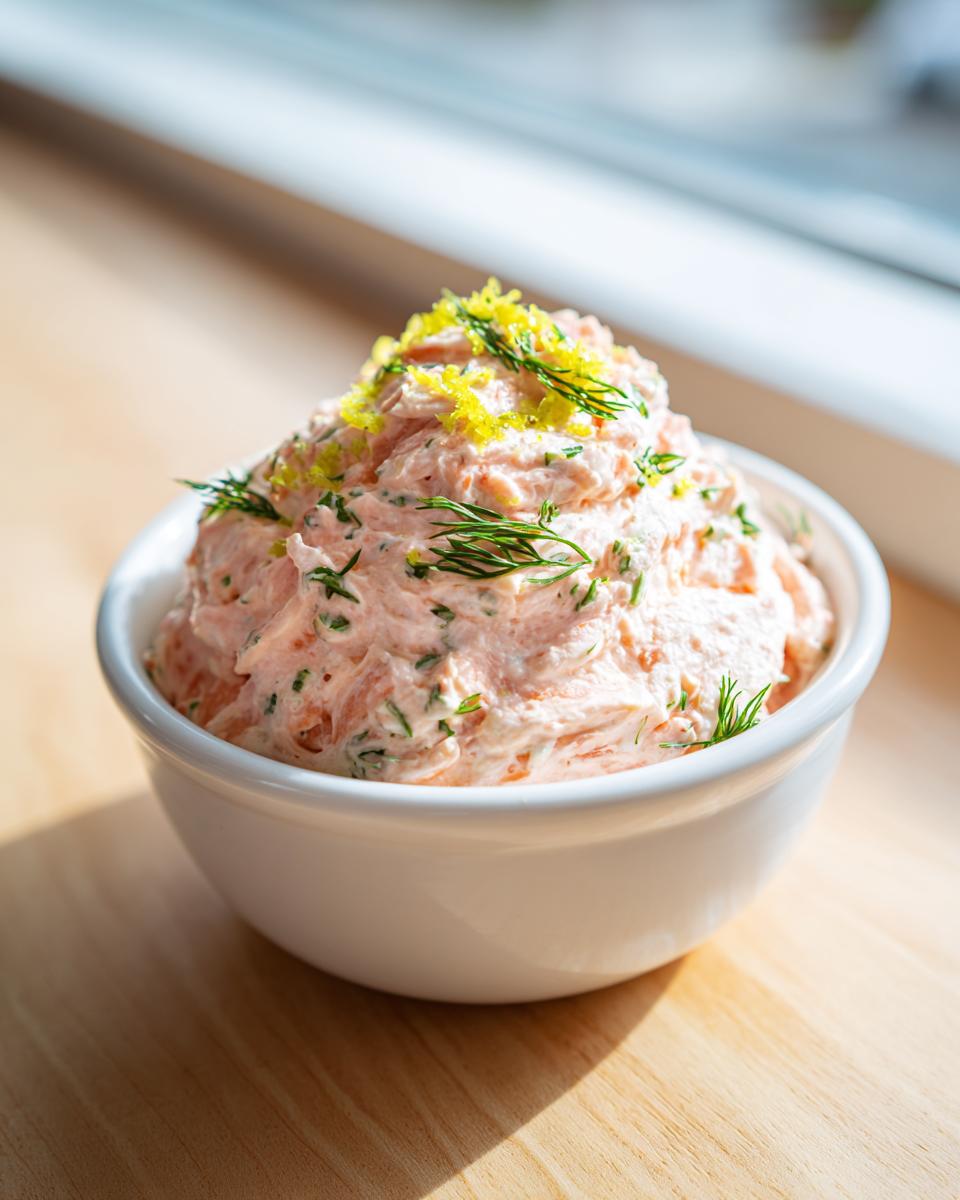 A creamy, pink salmon dip served in a white bowl, garnished with fresh dill and bright yellow lemon zest.