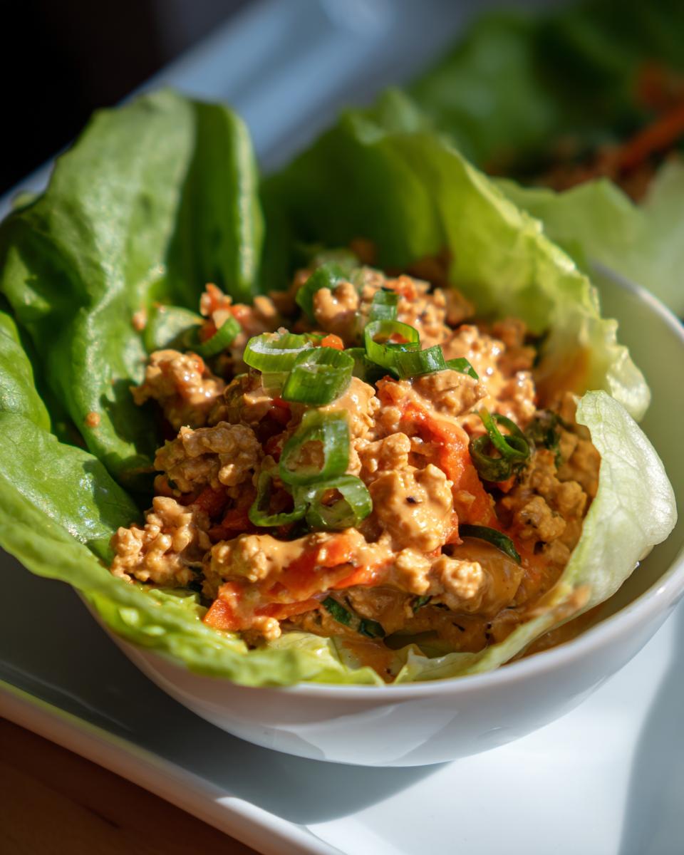 A single serving of creamy thai chicken lettuce wraps filling served in a crisp butter lettuce cup and topped with green onions.
