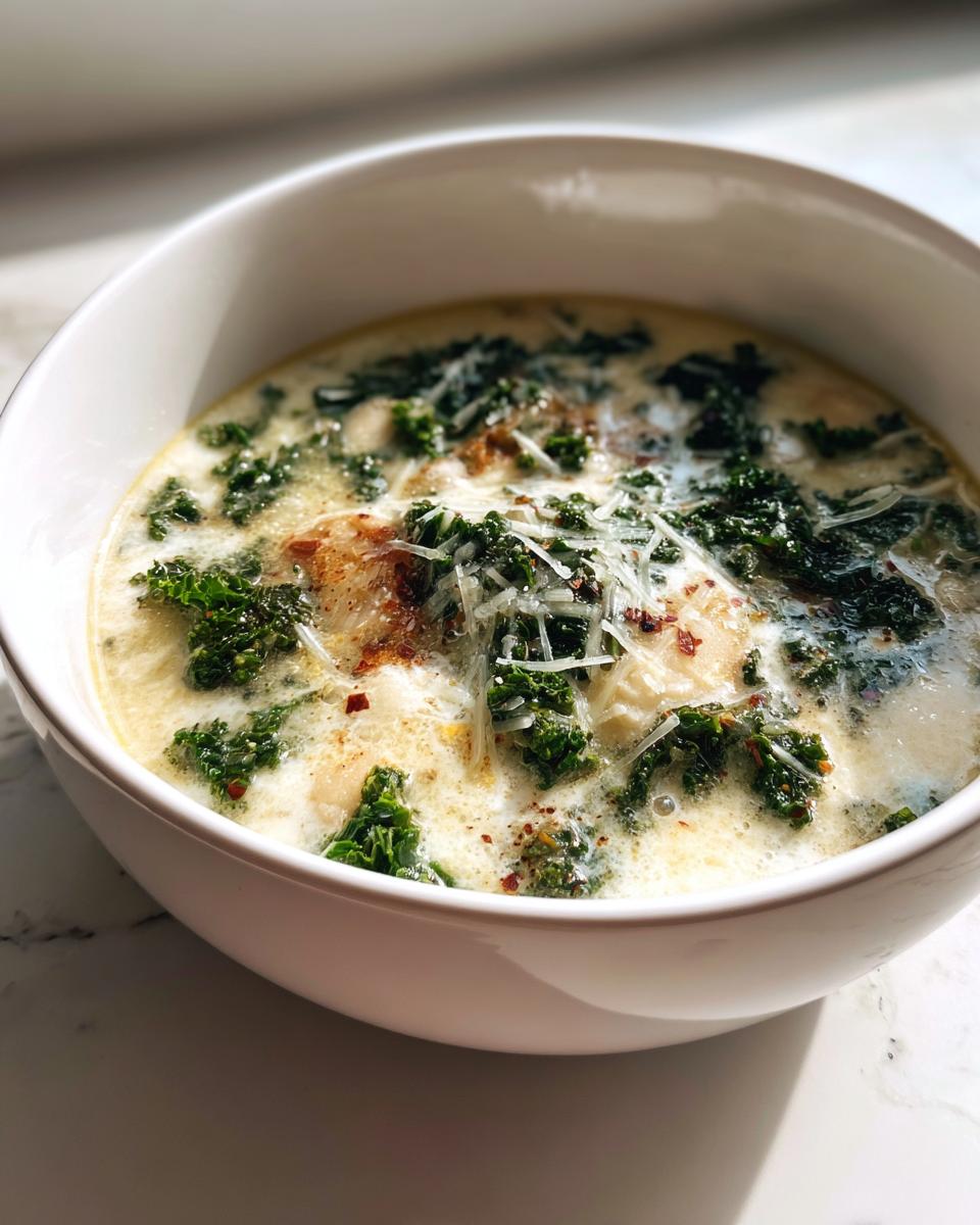A close-up of creamy Tuscan white bean soup topped with dark green kale, shredded Parmesan cheese, and red pepper flakes.