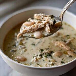 A spoonful of creamy white chicken chili, showing shredded chicken and white beans, lifted from a bowl.