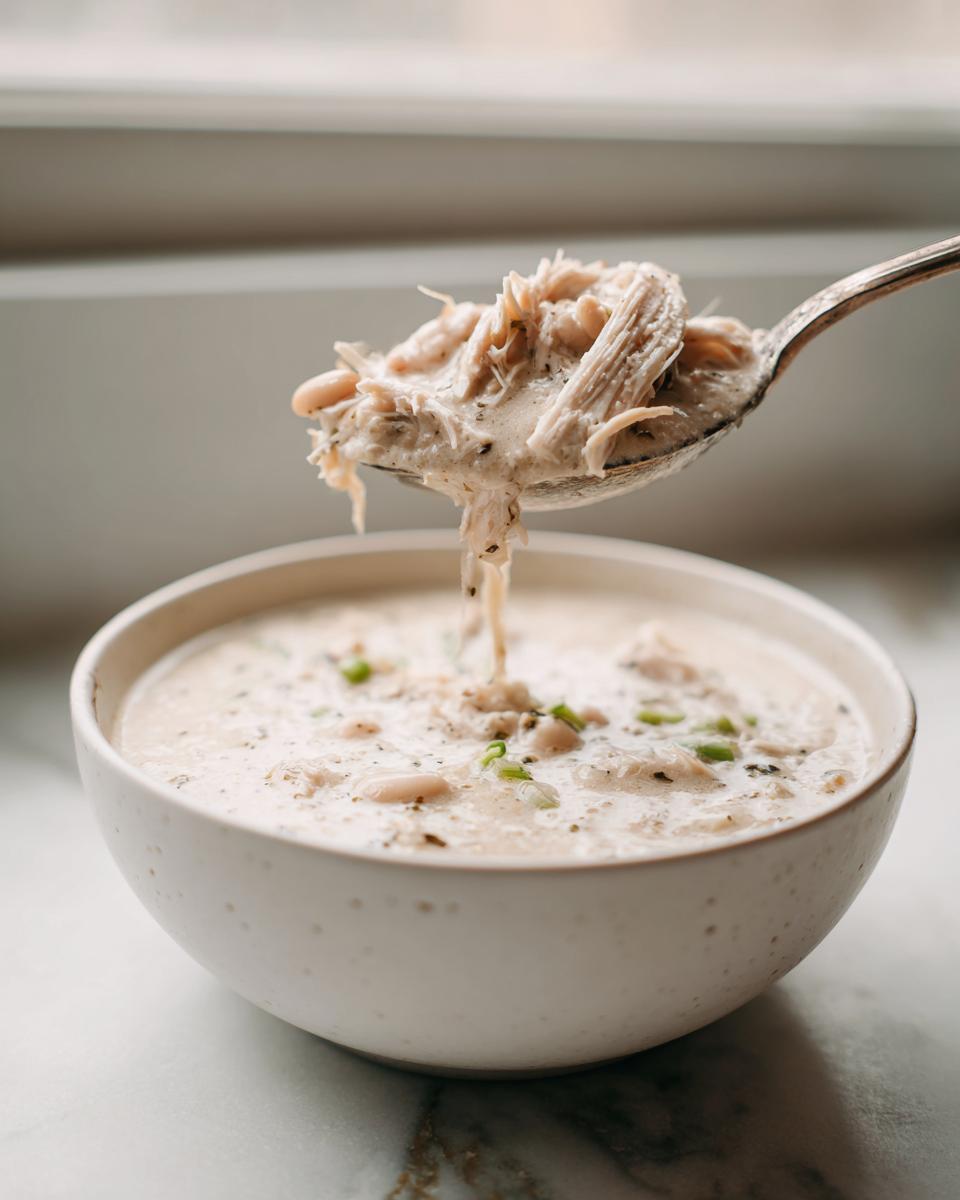 A spoonful of creamy white chicken chili, featuring shredded chicken and beans, being lifted from a white bowl.