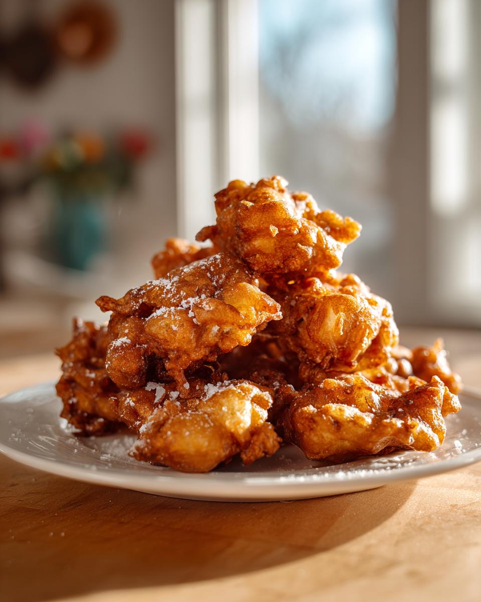 A pile of golden brown, crispy Amish onion fritters dusted with powdered sugar on a white plate.