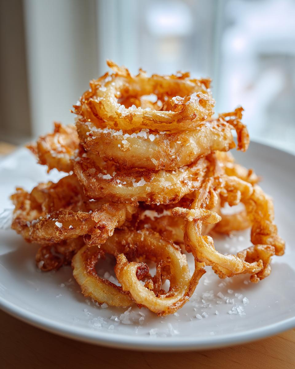 A tall stack of golden brown, crispy Amish onion fritters sprinkled with coarse salt on a white plate.