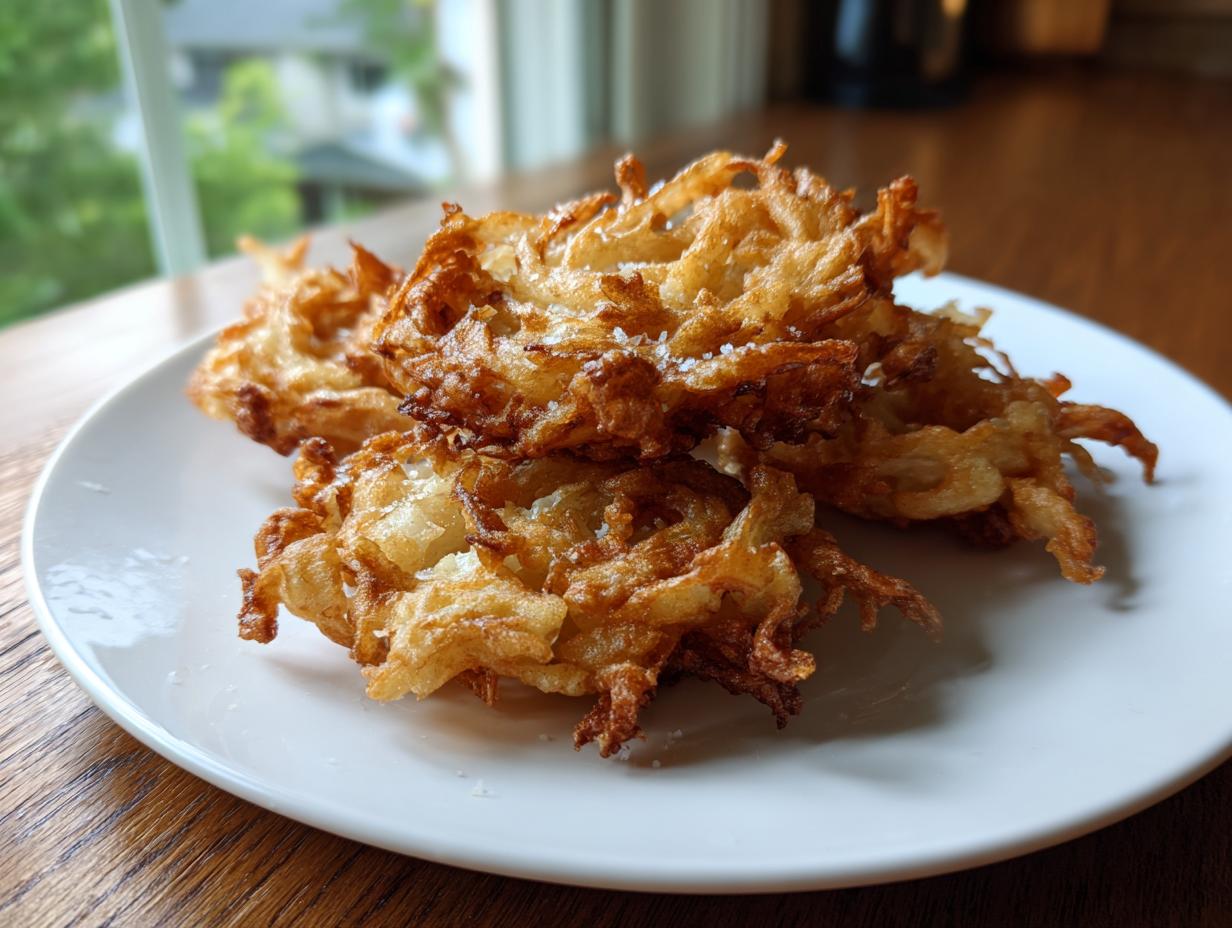 Close-up of golden brown, crispy Amish onion fritters piled on a white plate, lightly sprinkled with salt.