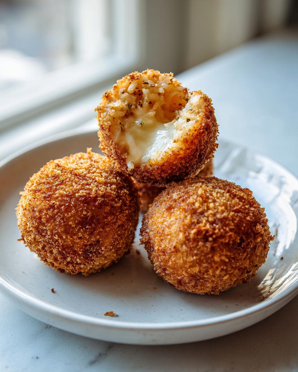 Close-up of three golden-brown fried rice balls, one broken open revealing a melted cheese center.