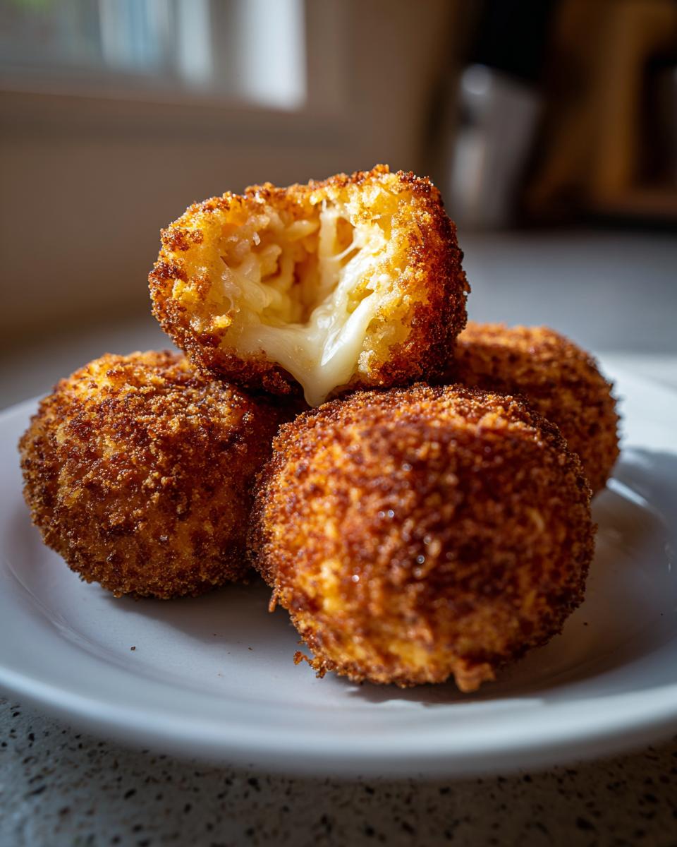 Close-up of golden brown fried rice balls, one is broken open revealing a melted, cheesy center.