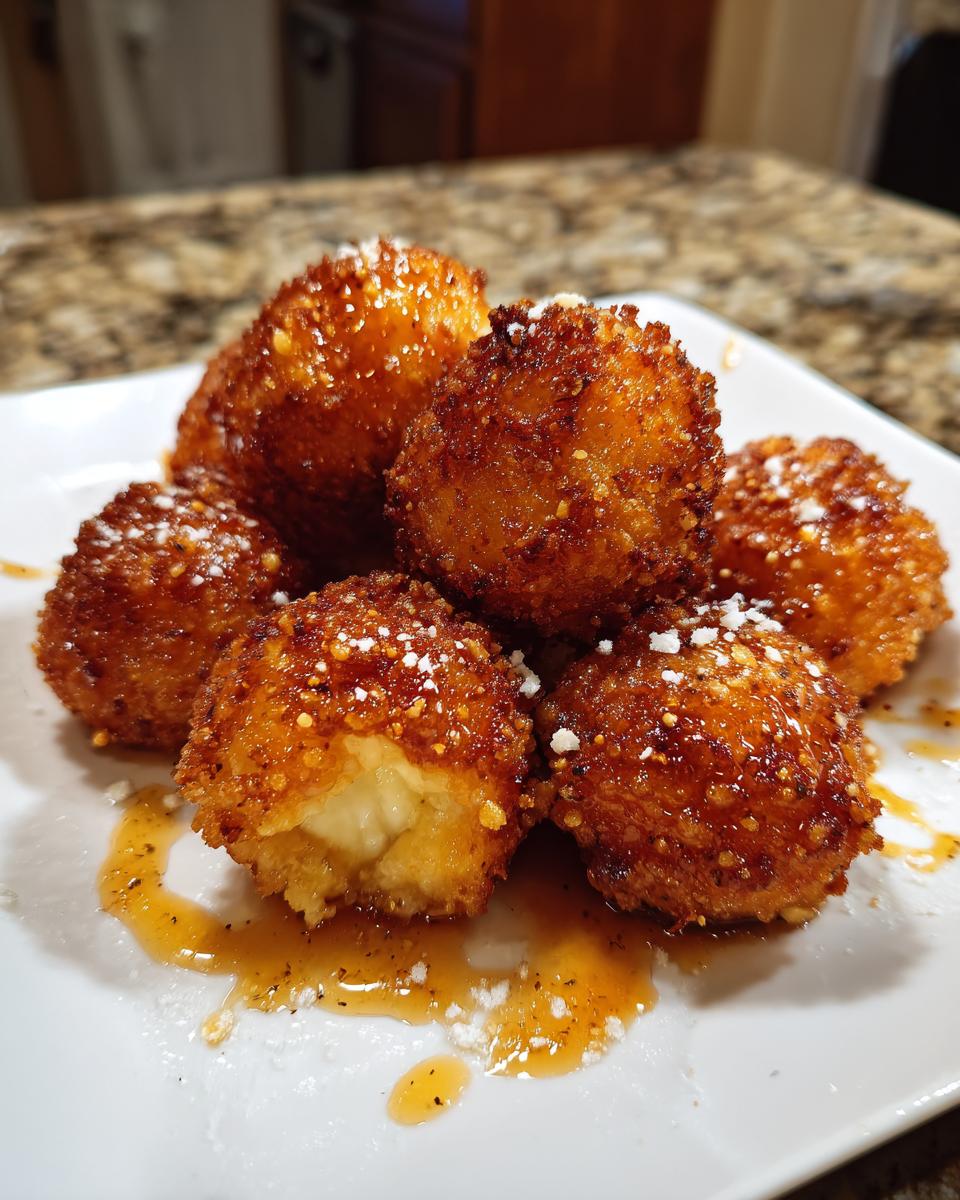 A pile of golden brown, crispy fried goat cheese balls drizzled with honey and sprinkled with cheese.