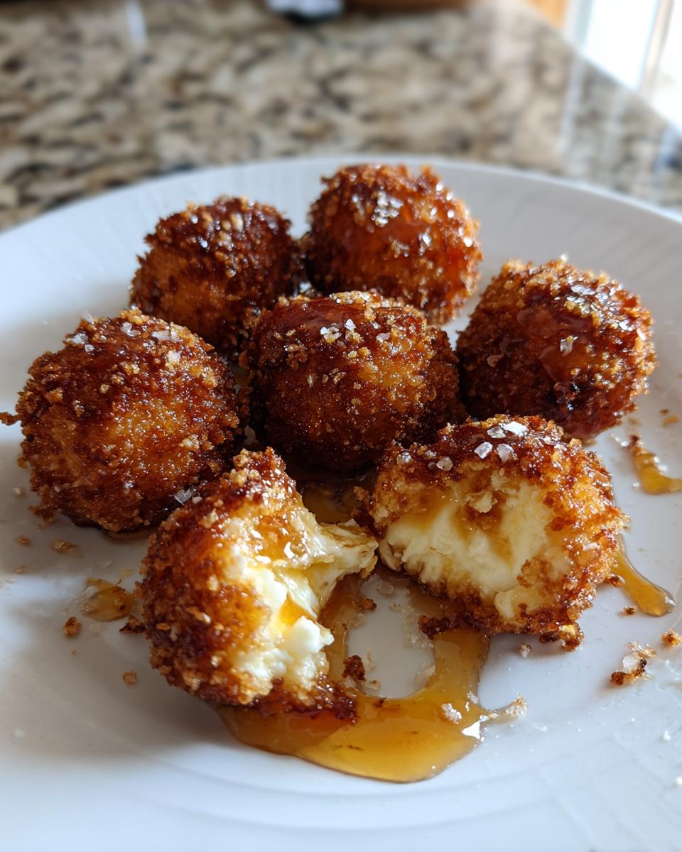 Close-up of crispy fried goat cheese balls drizzled with honey and topped with sea salt.