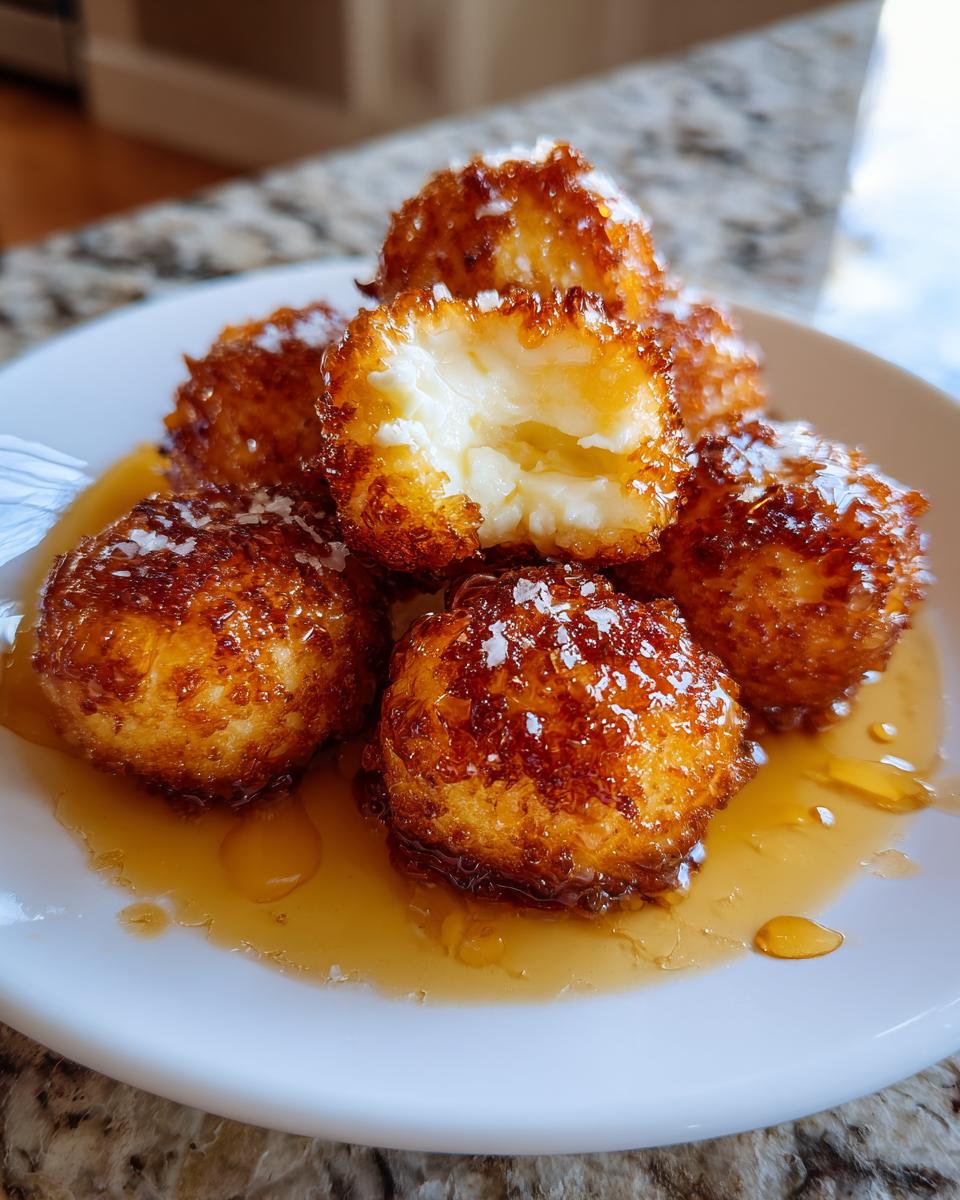 A stack of golden brown, crispy goat cheese balls drizzled with honey, one cut open showing the soft interior.