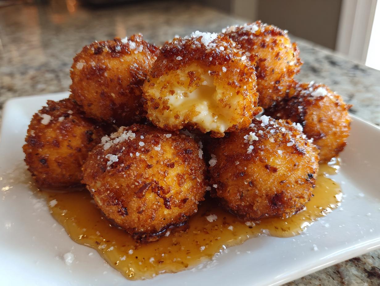 A stack of golden brown, crispy goat cheese balls drizzled with honey and sprinkled with cheese.