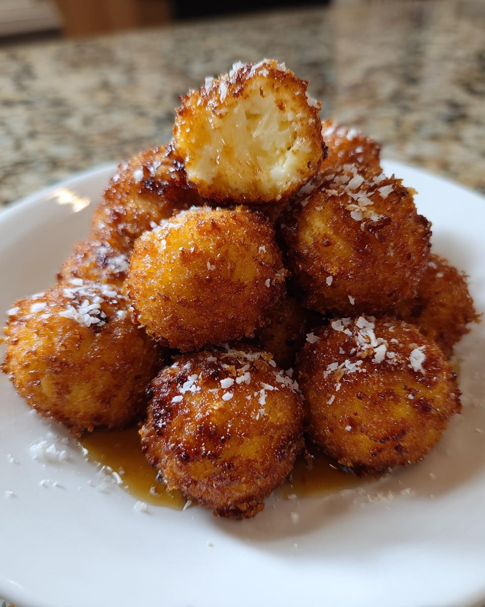 A stack of golden brown, crispy fried goat cheese balls drizzled with syrup and sprinkled with coconut flakes.