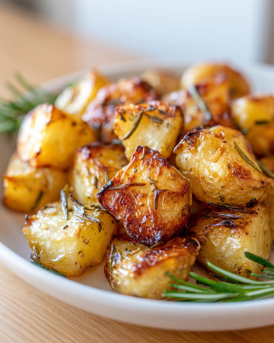 Close-up of golden brown, crispy roasted potatoes and carrots seasoned with rosemary.