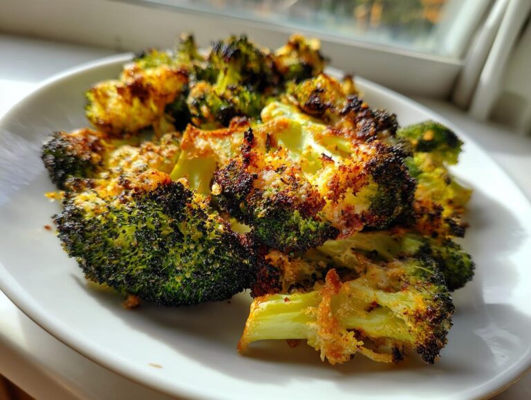 Close-up of perfectly charred and crispy smashed broccoli florets served on a white plate.