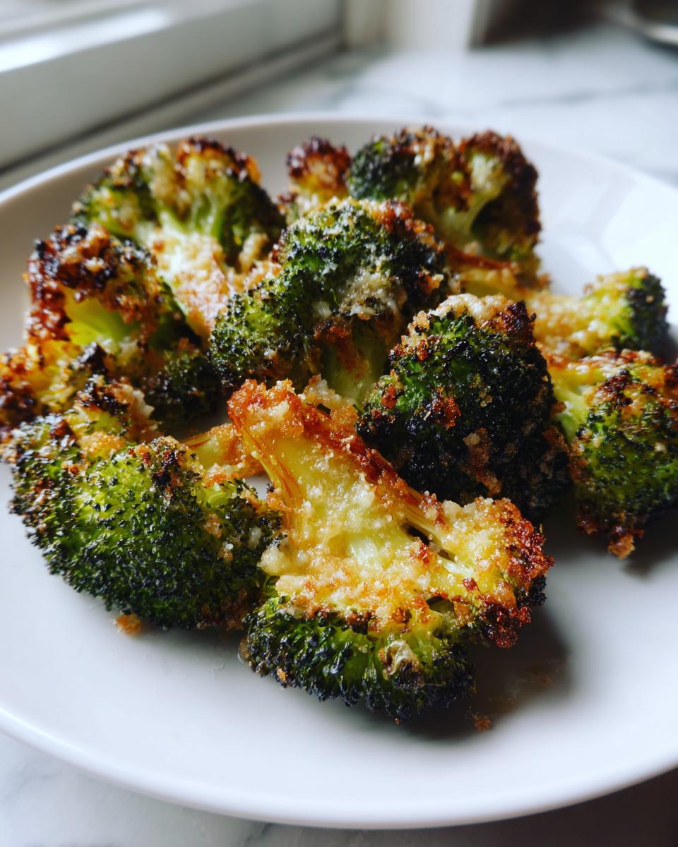 Close-up of crispy, oven-roasted smashed broccoli florets topped with browned cheese.