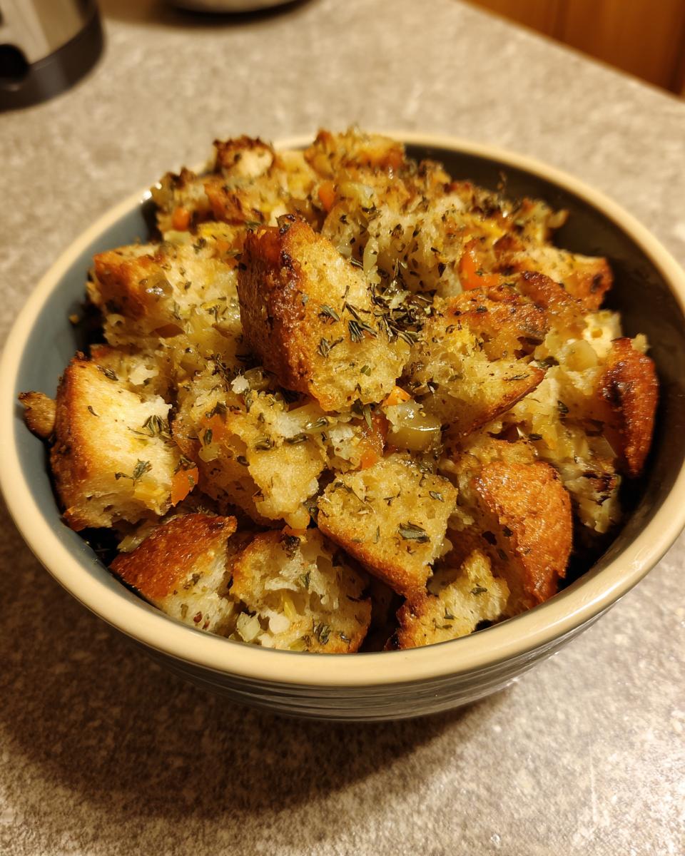 A close-up of a bowl filled with golden-brown crock pot stuffing, featuring chunks of bread and herbs.