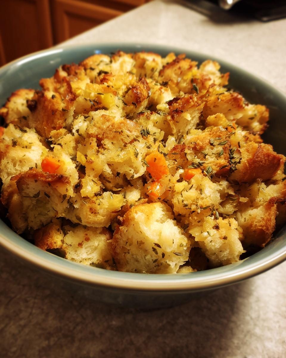 Close-up of a bowl filled with golden-brown crock pot stuffing, featuring bread cubes, herbs, and visible pieces of carrot.