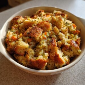 A close-up of a bowl filled with delicious crock pot stuffing, featuring toasted bread cubes, carrots, and celery.