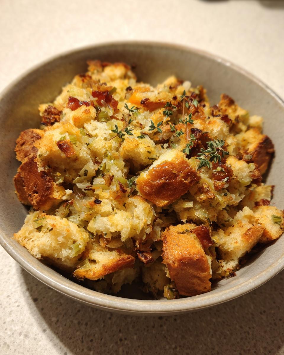 A close-up of a bowl filled with golden brown crock pot stuffing, garnished with fresh herbs and pieces of bacon.
