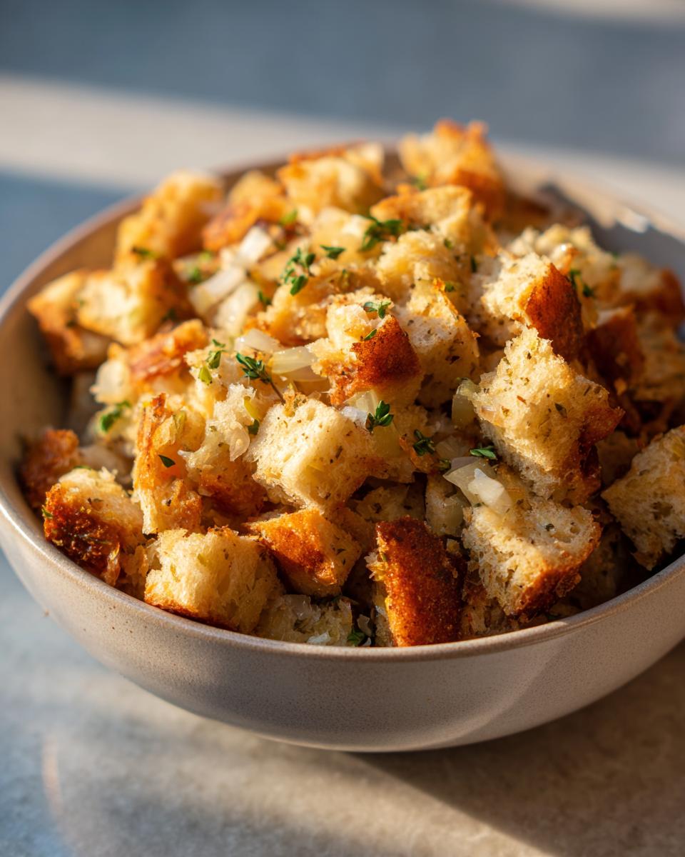 A close-up of a bowl filled with golden-brown crock pot stuffing, garnished with fresh herbs.