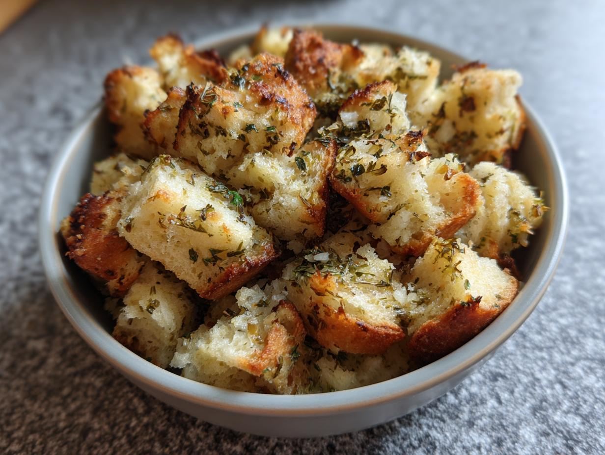 Close-up of a bowl filled with golden-brown, herb-flecked bread cubes from crock pot stuffing.