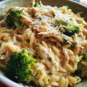Close-up of a bowl of Crockpot Chicken Alfredo Orzo with tender chicken, orzo pasta, and bright green broccoli florets, topped with shredded Parmesan cheese.