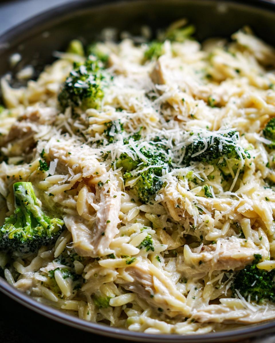 Close-up of creamy Crockpot Chicken Alfredo Orzo with tender chicken pieces and vibrant broccoli florets, topped with grated Parmesan.