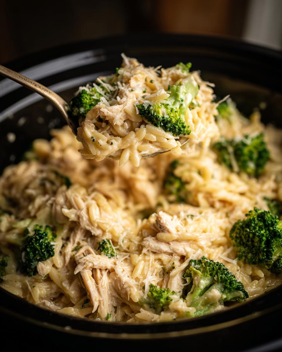 A spoonful of creamy Crockpot Chicken Alfredo Orzo with tender chicken and vibrant broccoli florets, topped with grated Parmesan.