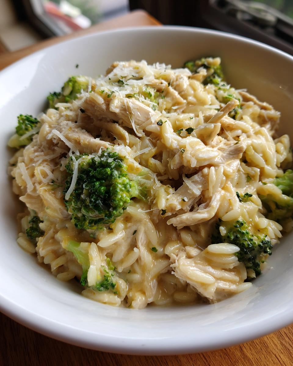 A bowl of creamy Crockpot Chicken Alfredo Orzo with tender chicken, orzo pasta, and bright green broccoli florets, topped with parmesan cheese.