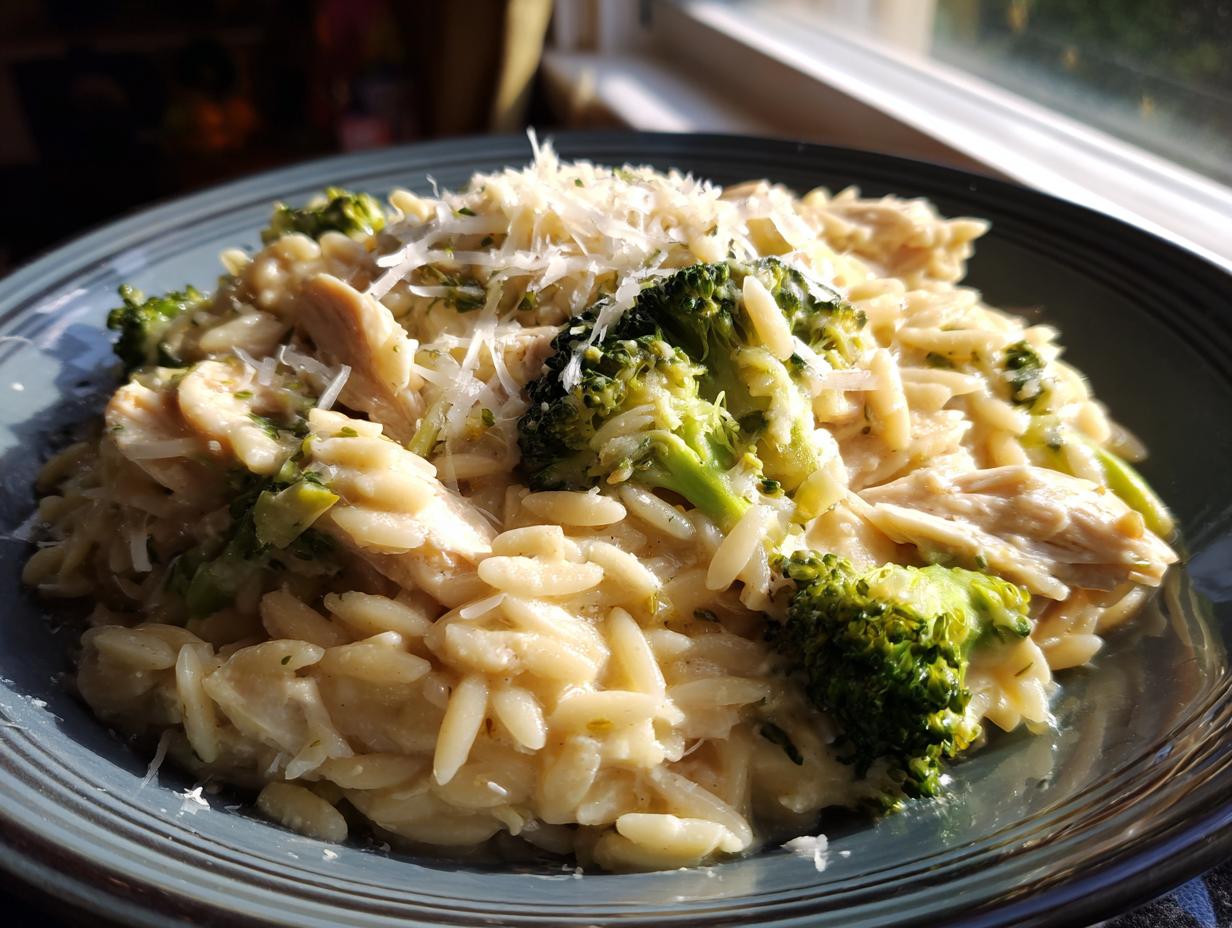 A close-up of Crockpot Chicken Alfredo Orzo with tender chicken, creamy sauce, and vibrant broccoli florets, topped with grated Parmesan.