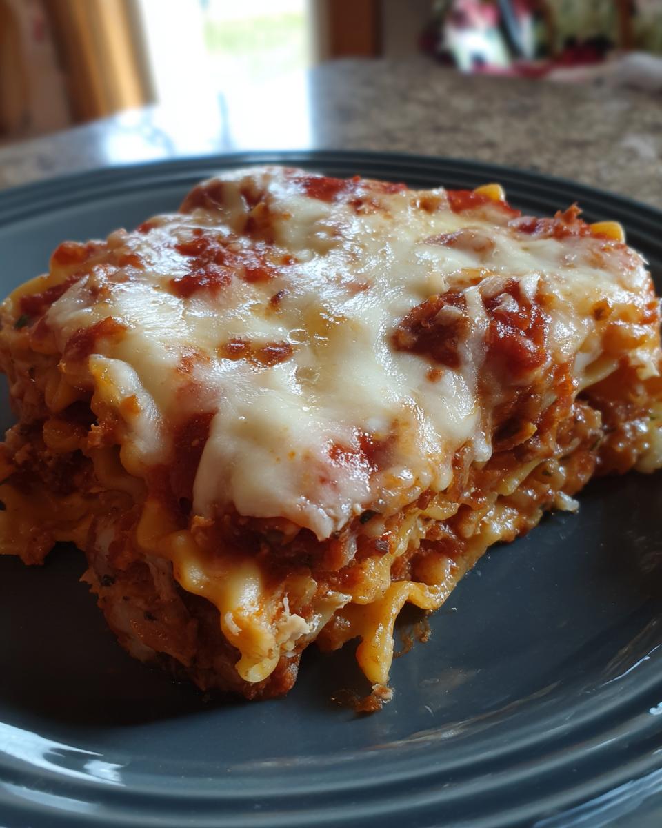 A delicious slice of Crockpot ravioli lasagna topped with melted mozzarella cheese and marinara sauce.