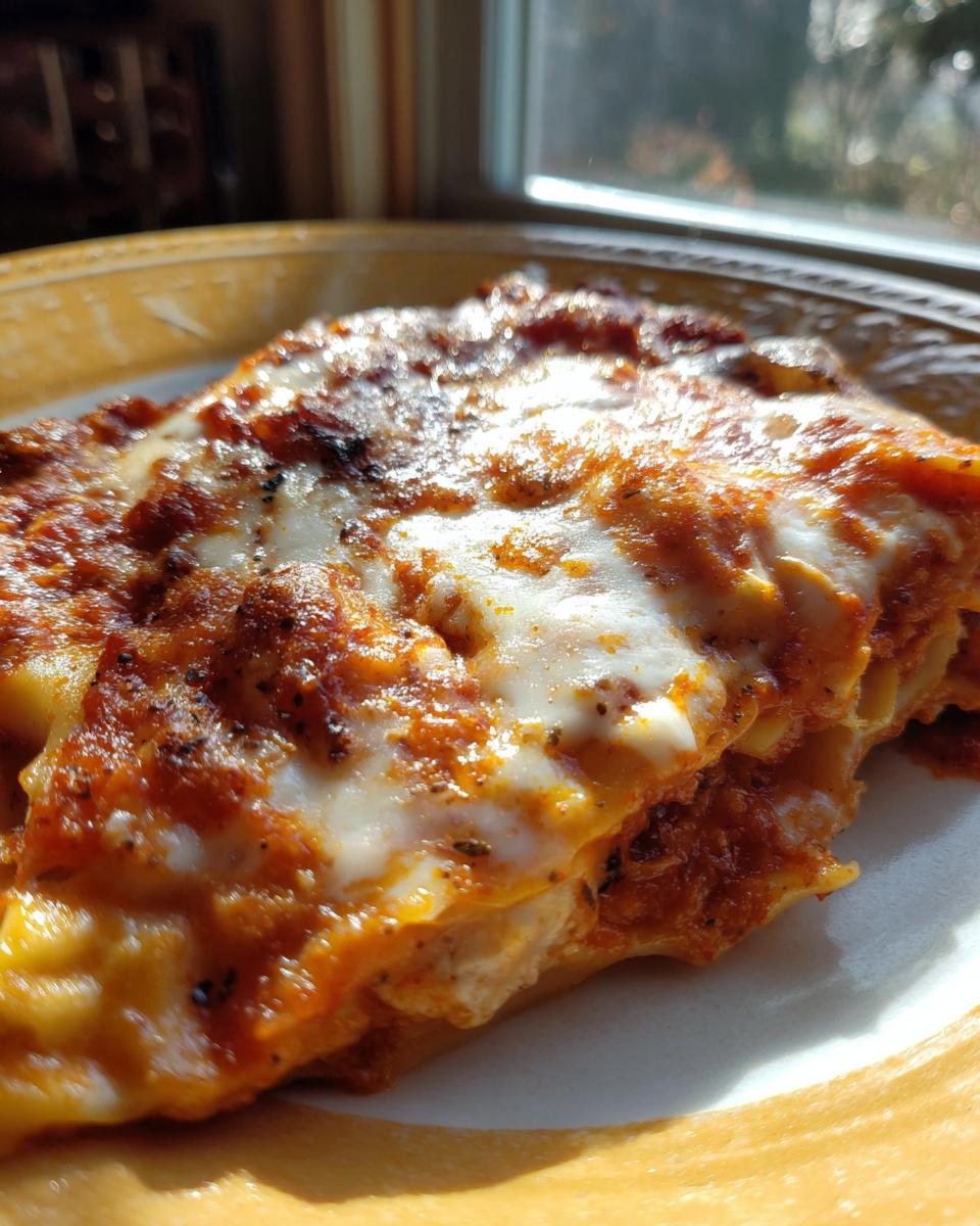 A close-up of a slice of Crockpot ravioli lasagna, featuring melted cheese and rich tomato sauce.