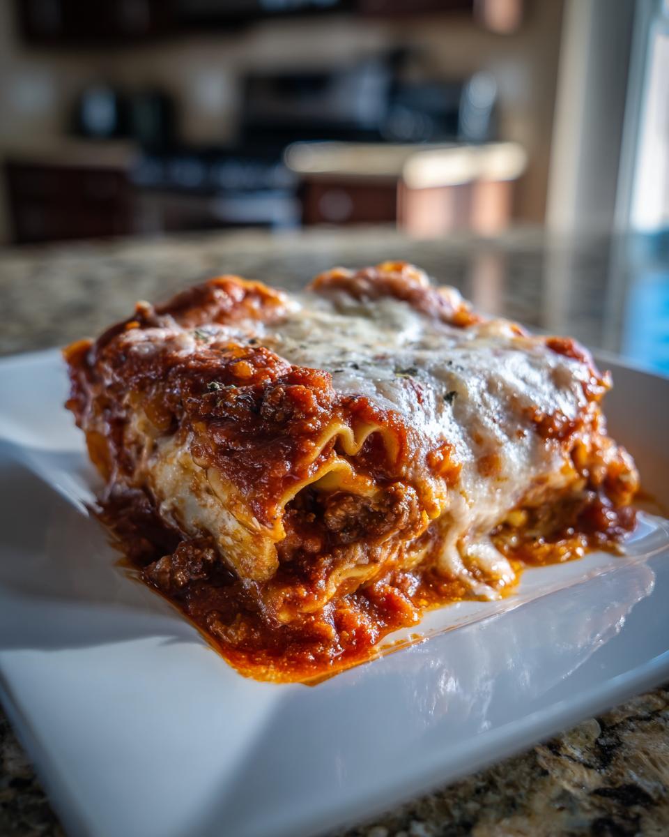 A mouthwatering slice of Crockpot ravioli lasagna, featuring layers of pasta, meat sauce, and melted cheese.