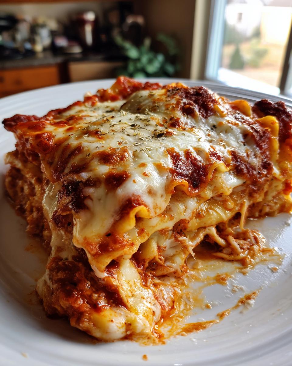 A generous slice of Crockpot ravioli lasagna with layers of pasta, cheese, and rich tomato sauce, topped with melted mozzarella.